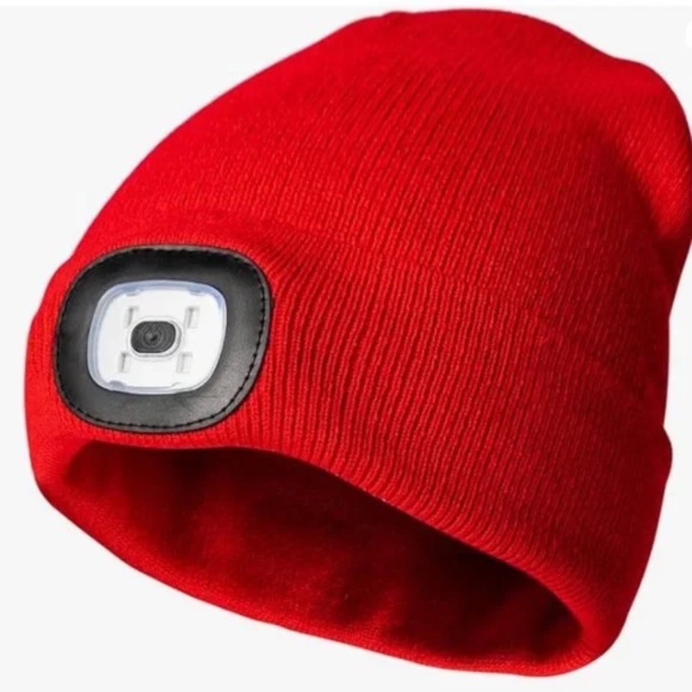 Winter Beanie Hat w/ Rechargeable 4 LED Headlamp Unisex Red NWOT